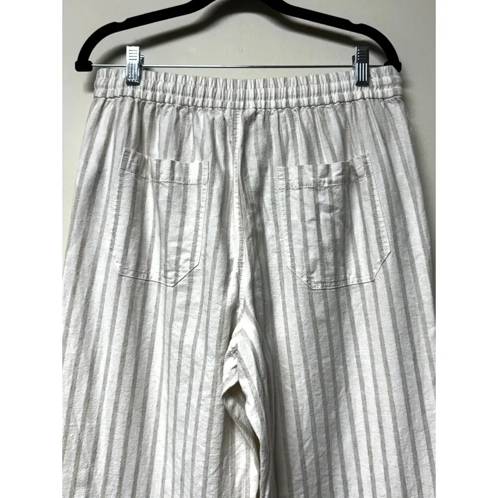 J. CREW Tan/Ivory Drawstring Linen/Cotton Elastic Waist Pants, Sz MT